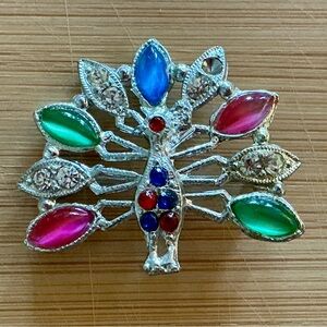 Vintage Signed Star S Peacock Brooch Rhinestone Glass Cabochon Pin Read